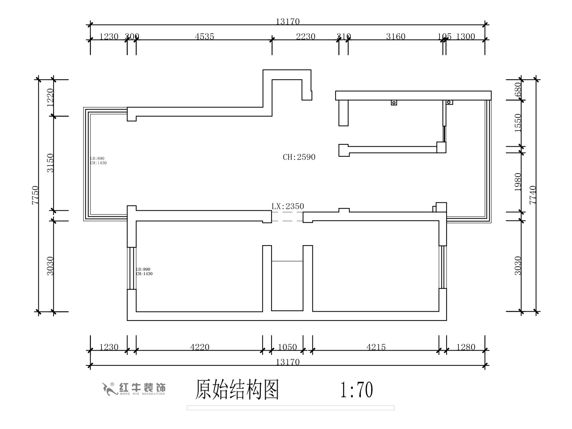 蔣?。旄@43-401-90㎡-現(xiàn)代簡約風(fēng)格｜2室1廳1衛(wèi)｜舊房裝修｜定制家￥122757｜全包12萬｜00_01原始結(jié)構(gòu)圖