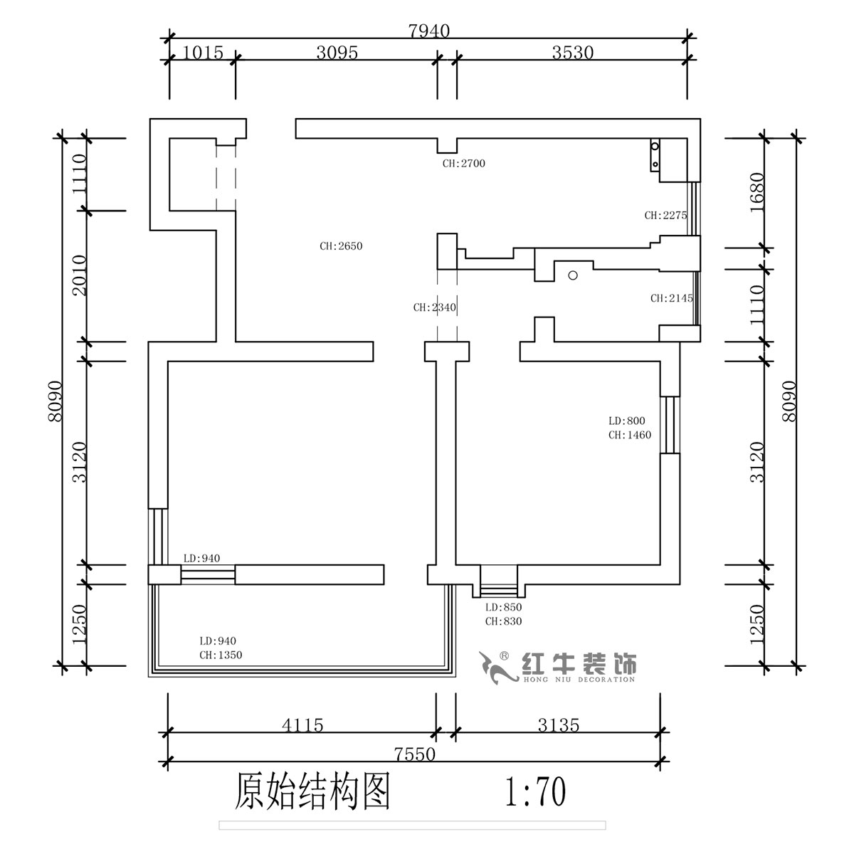 蔣琛｜公園路44號(hào)小區(qū)3-204-60㎡-現(xiàn)代簡(jiǎn)約風(fēng)格｜2室1廳1衛(wèi)｜舊房裝修｜定制家｜全包10萬｜00_01原始結(jié)構(gòu)圖