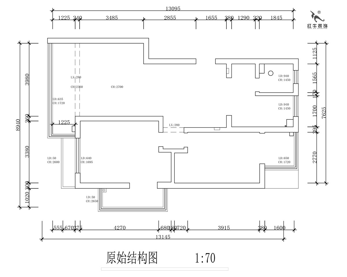 蔣?。霄沃腥A廣場11-601-110㎡-現(xiàn)代簡約風(fēng)格｜2室2廳1衛(wèi)｜舊房裝修｜定制家￥140400｜全包15萬｜00_01原始結(jié)構(gòu)圖