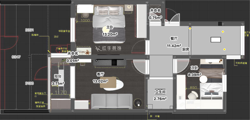 蔣琛｜安德里30號(hào)玻纖院小區(qū)14-103-65㎡-現(xiàn)代簡(jiǎn)約風(fēng)格｜3室1廳1衛(wèi)｜老房裝修｜定制家｜全包10萬｜00_03平面彩圖